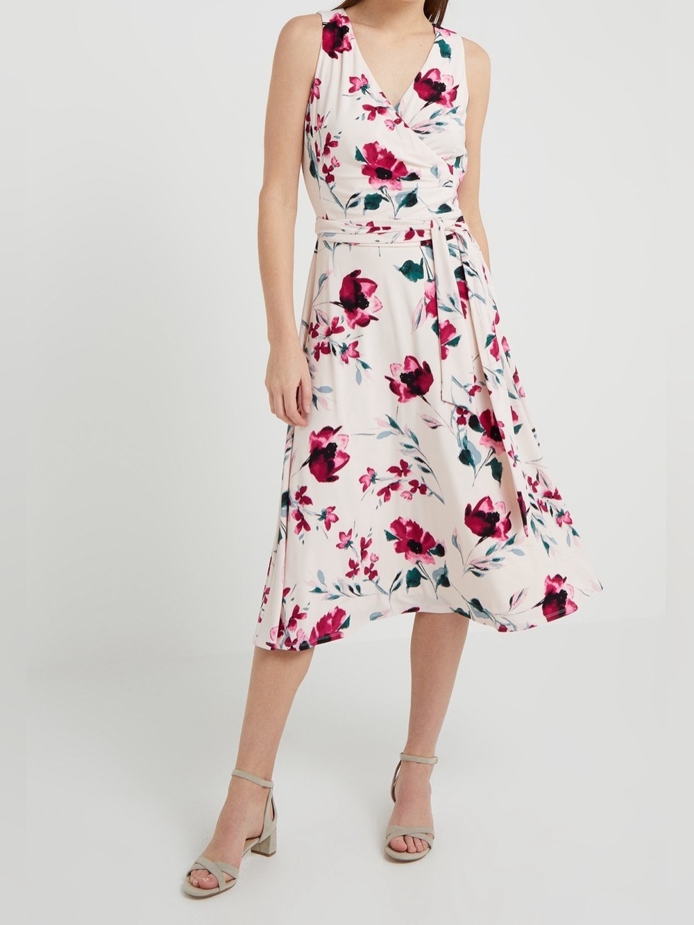 Lauren Ralph Lauren Floral Faux Midi Dress Sleeveless Tie Waist Pink Cream  2